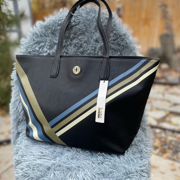 Kate Landry Tote Bag Purse Large Faux Leather Navy Blue Asymmetrical Pattern NEW - Picture 2 of 8